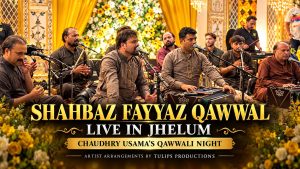Shahbaz Fayyaz Qawwal performing at Golf Club Marquee Jhelum for Chaudhry Usama’s Qawwali Night, with artist arrangements by Tulips Productions.